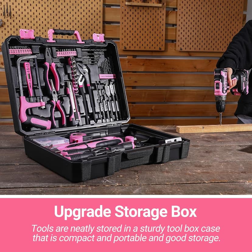 DEKOPRO Pink Drill Tool Kit Set: 20V Cordless Power Drill Tool Box with Battery Electric Drill Driver for Men Home Hand Repair Basic Toolbox Tools Sets Drills Case, DKMT186-GP