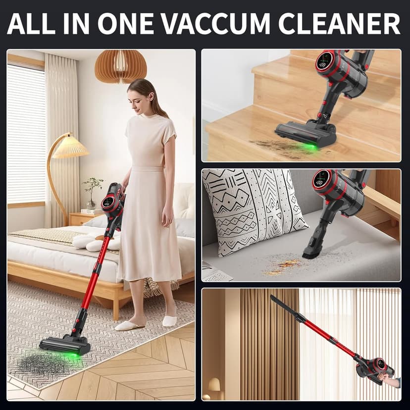 Vacuum Cleaners for Home, Lightweight Cordless Vacuum Cleaner for Hard Carpet, Hard Floor, Pet Hair, 30Kpa Vacuum Cleaner with HEPA Filter, Side Light, Max 55 Mins, Full Touch Screen