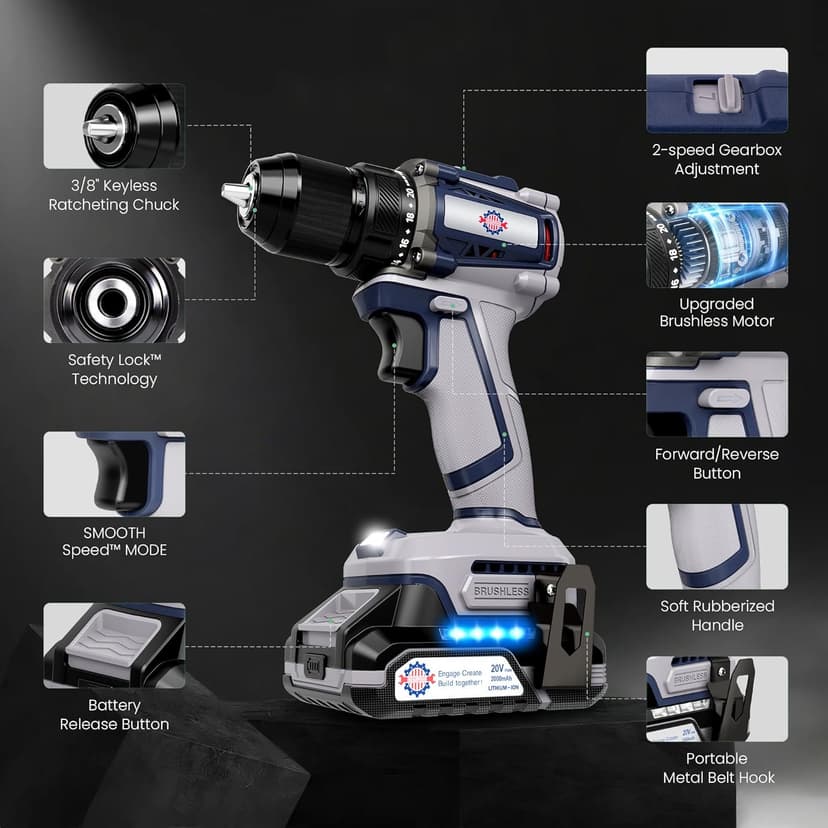 20V Cordless Drill, 620 in-lbs Torque, 3/8" Metal Keyless Chuck with Safety Lock, Brushless Power Drill with 2.0Ah Battery and Charger, 2+1 Variable Speed, 20+1 Position Electric Drill Driver with LED
