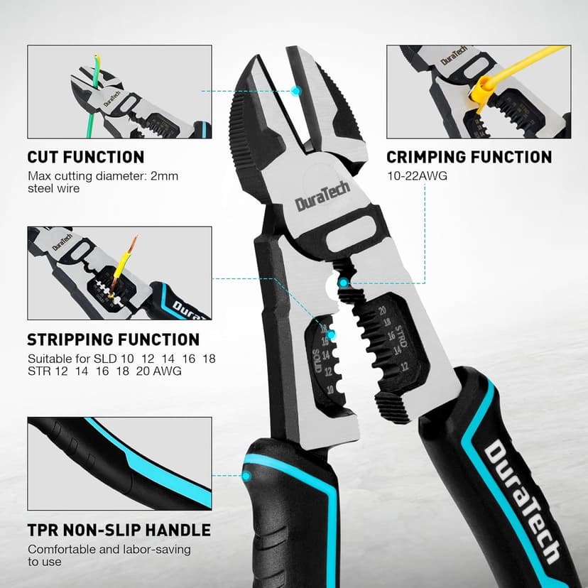 DURATECH 4-in-1 Diagonal Cutting Pliers, 8" Multifunction Heavy Duty Side-Cutting Pliers with Wire Stripper, Wire Cutters with Ergonomic Handle for Electricians and Homes