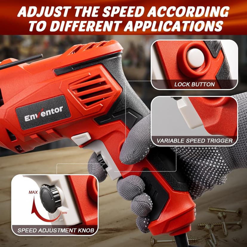 Enventor 7.5 Amp Hammer Drill, 1/2 Inch Electric Drill Hammer, 900W 0-3000RPM Variable Speed, 360° Auxiliary Handle, Lightweight Corded Hammer & Drill 2 in 1 Functions with 9pcs Bit for Metal, Wood