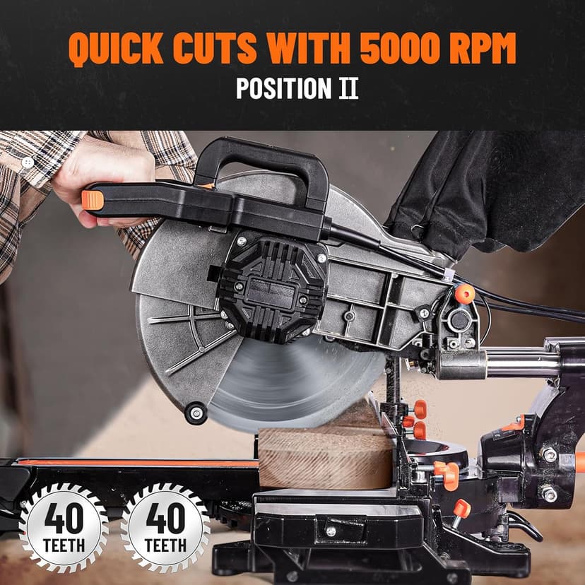 Updated 10-Inch Sliding Miter Saw, Multi-Material Cutting w/ 3 x TCT Blades, Ambidextrous Operation, 5000/3200RPM Speed, Laser Guide, 0-45° Bevel Cut, Max Cut 3.5x13.4in, 9 Positive Stops