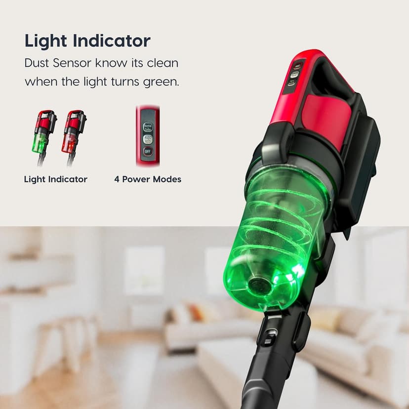 Cordless Vacuum Cleaner, 11-inch Powerhead, Self-Standing Design, Fast Charging, 50-Minute Runtime, LED Dust Sensor, Red