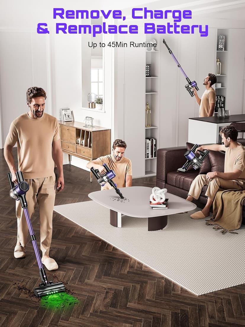 Cordless Vacuum Cleaner, 10 in 1 Stick Vacuum with Powerful Suction, Hose, Green LED Light, Anti-Tangle Brush, Lightweight Rechargeable Vacuum Cleaner for Home, Hardwood Floors, Carpets