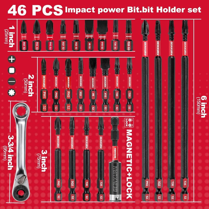 Impact Tough Magnetic Mixed 46Pack Insert Driver Bits, S2 Alloy Steel Screwdriver Power Bits Set with 1Pcs Impact Magnetic Bit Holder and Mini Wrench