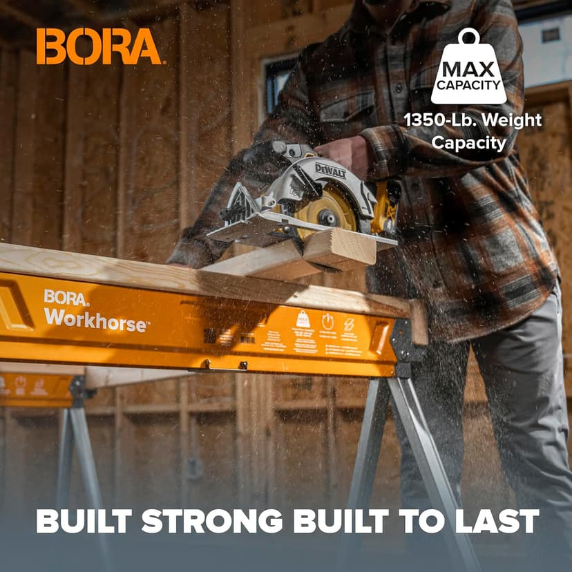BORA Workhorse Saw horses 2 pack Folding Heavy Duty Legs, Metal Saw horse with 2x4 Bracket Built in Bottle Opener Professional Saw Horse for Woodworking Carpenters Contractors PM-3350T