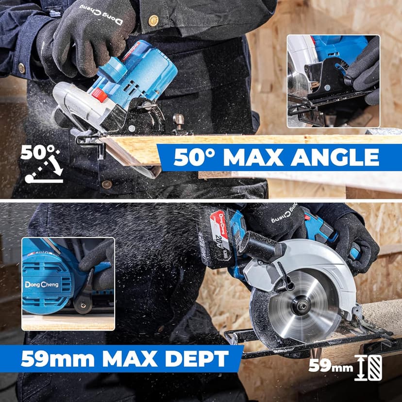 Dong Cheng Cordless Circular Saw 6-1/2-Inch 840W, Cutting Depth 59mm, 0-50° Adjustable with Dust Collection Adaptor, 24T & 40T TCT Blade Included, Battery and Charger Kit (4.0Ah)