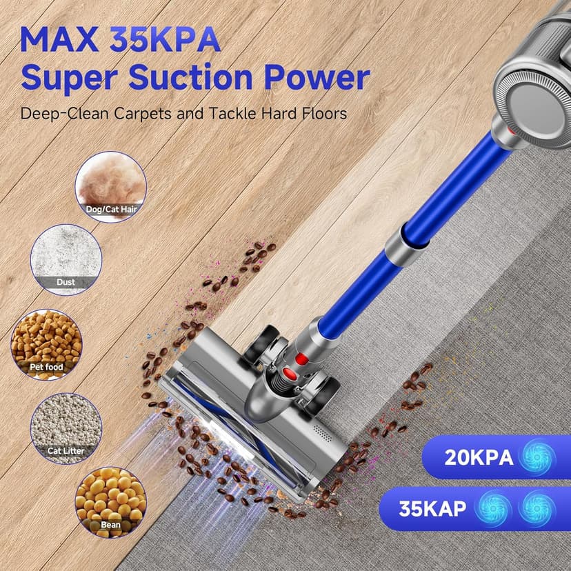 Cordless Vacuum Cleaner, 8 in 1 Powerful Stick Vacuum with 45min Runtime, Anti-Tangle Vacuum Cleaners for Home, Lightweight Handheld Wireless Vacuum for Hardwood Floor Carpet pet Hair, Blue