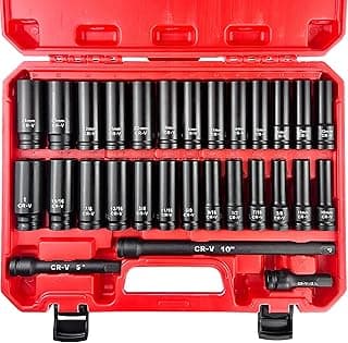 29pcs 1/2" Socket Set, Drive Deep Impact Socket Set, Including 3 ", 5", 10" Impact Extension Bar, Standard SAE (3/8 "- 1") and Metric (10mm-24mm), Cr-V Steel