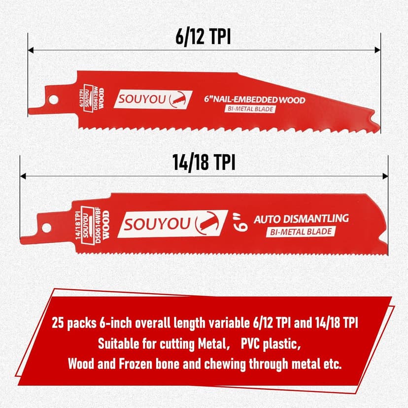 25 Pack 6 in 14/18 TPI Bi-Metal Reciprocating Saw Blades with Organizer Carbide Alloy Steel for Automobile Dismantling Metal Steel Cutting Non-Stick Coated for Less Heat for 1/16-5/16 Medium Metals