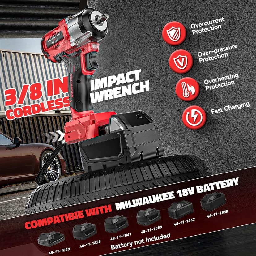 Cordless Impact Wrench Compatible with Milwaukee 18v Battery: 250Ft-lbs(340N.m) 3/8" Brushless Electric Impact Gun, 2400RPM High Torque Impact Driver, Power Impact Wrench, Bare Tool