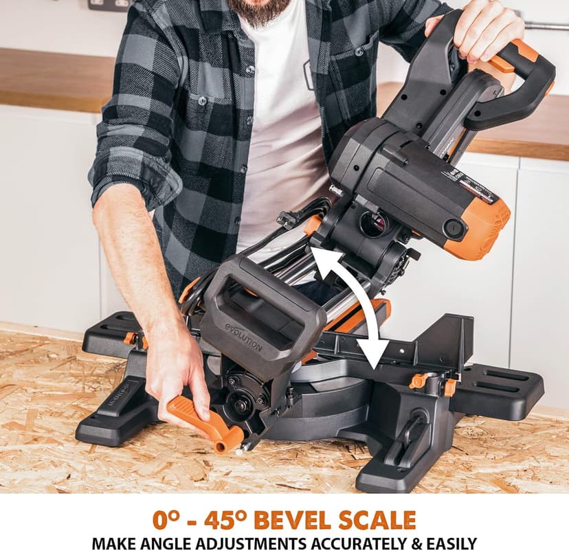 Evolution Power Tools R255SMS-DB+ 10-Inch Dual Bevel Sliding Miter Saw Multi-Material, Multipurpose Cutting Cuts Metal, Plastic, Wood 45˚-45˚ Double Bevel & 50˚-50˚ Miter TCT Blade Included