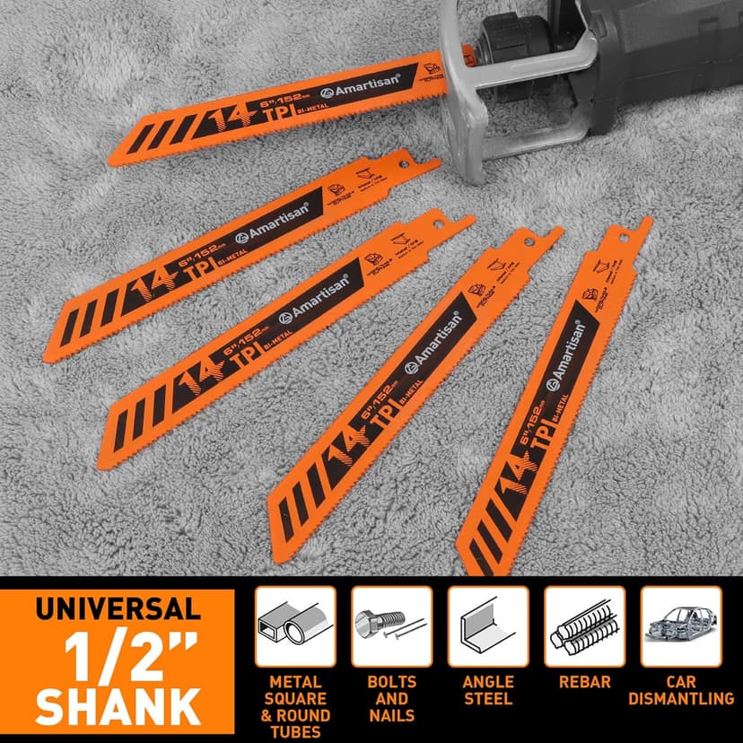 AMARTISAN 5-Piece 6 Inch 14TPI Heavy Metal Cutting Reciprocating Saw Blades,Suitable for Metal Cutting, Pipes, and Steel Bars