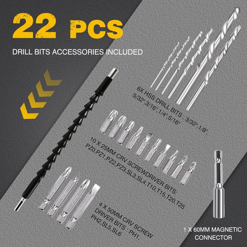 RIDA Cordless Drill Power Drill Cordless 20V 1/2'' Keyless Metal Chuck 355 In-lb(40N.m) Torque with 2.0AH Li-ion Battery & Fast Charger, Variable Speed, 25+1 Position and 22pcs Bits