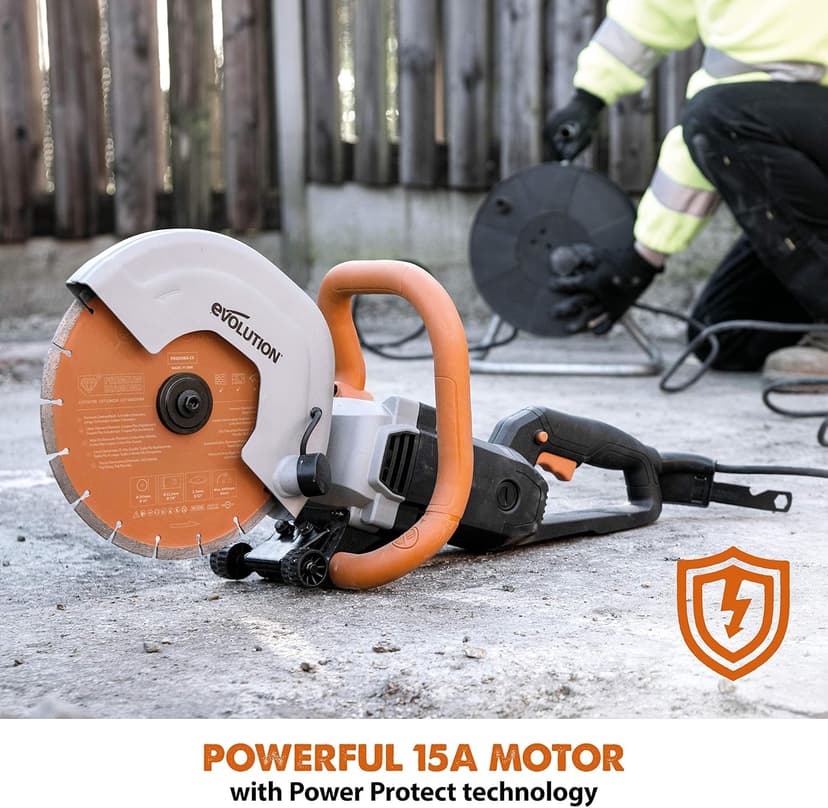 Evolution R255DCT - 10 In Concrete Saw (Aka Circular, Angle Grinder, Chop Saw, Cut Off, Demo, Disc Cutter, Power Cutter) - 15A Motor, No Gas - 4-1/16 In Cut - Incl Premium Diamond Blade