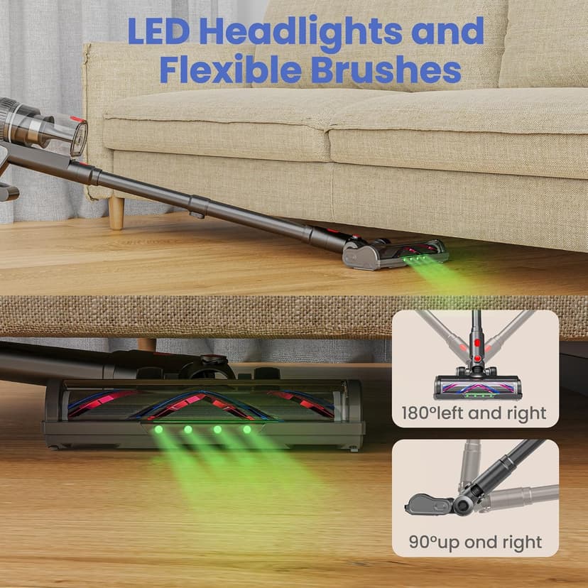 Cordless Vacuum Cleaner 500W/45Kpa, 3 Ambient Colors Power Modes with 60 Mins Max Runtime Vacuum, Powerful Suction Rechargeable Handheld Stick Vacuum for Home, Hard Floor, Carpet, Pet Hair, Shutters