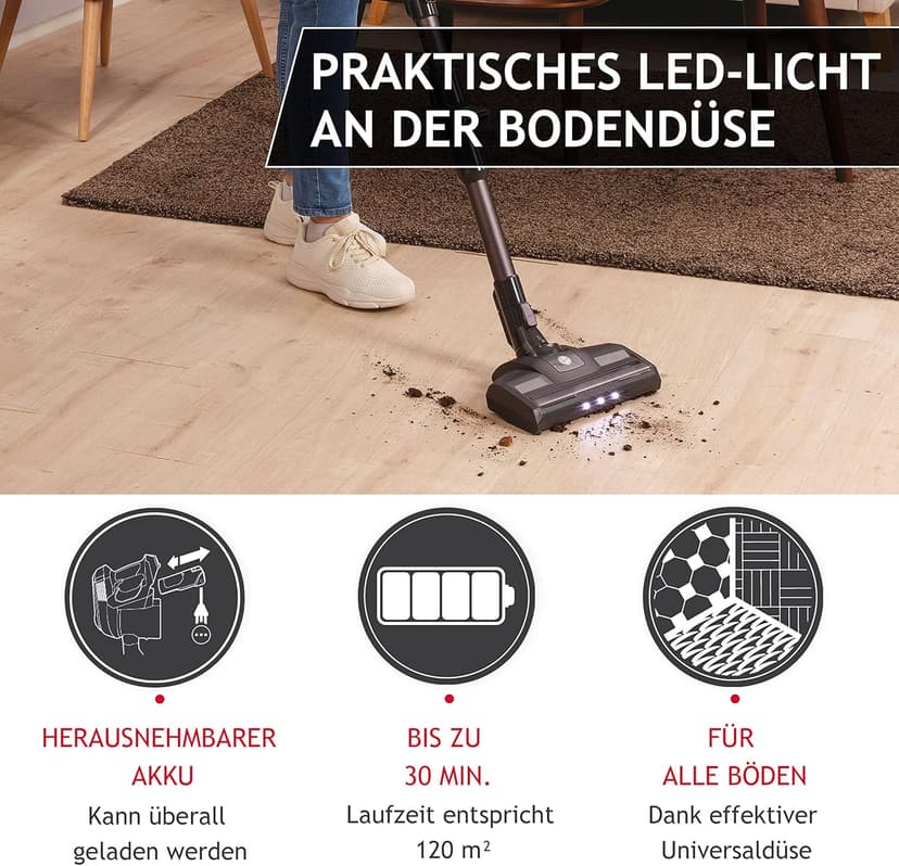 Hoover cordless vacuum cleaner without bag + kinkled - up to 120 m² with 1 battery charge I vacuum cleaner wireless with XL dust container and parking function I battery vacuum cleaner with joint