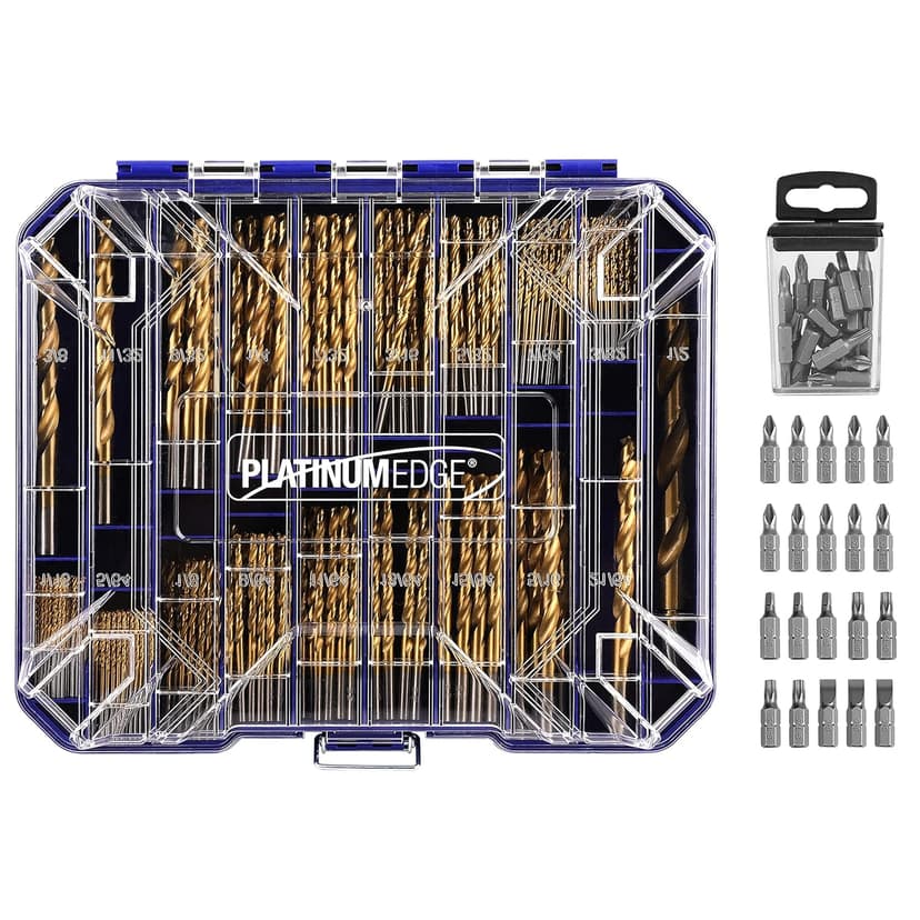 276pc Titanium Twist Drill Bit Set with S2 Bits 135° Tip High Speed Steel, Size from 1/16" up to 1/2", Ideal in Wood Cast Iron Aluminum Alloy Plastic Fiberglass, Clear Lid Case