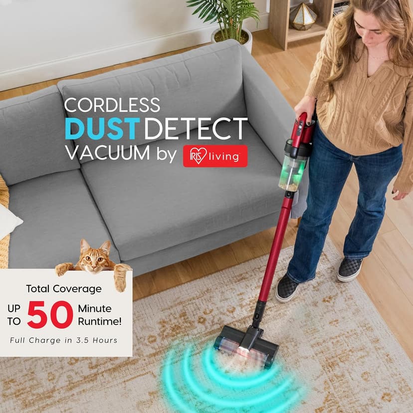 Cordless Vacuum Cleaner, 11-inch Powerhead, Self-Standing Design, Fast Charging, 50-Minute Runtime, LED Dust Sensor, Red