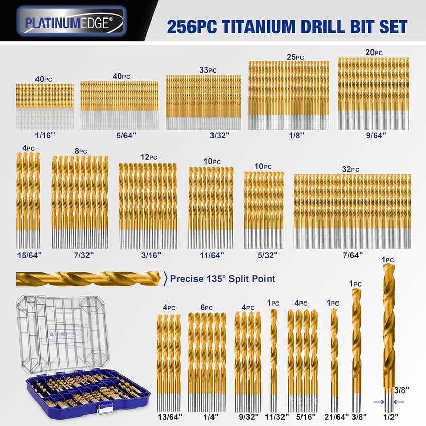 276pc Titanium Twist Drill Bit Set with S2 Bits 135° Tip High Speed Steel, Size from 1/16" up to 1/2", Ideal in Wood Cast Iron Aluminum Alloy Plastic Fiberglass, Clear Lid Case