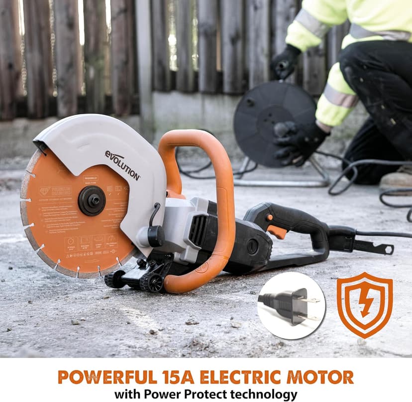 Evolution R255DCT - 10 In Concrete Saw (Aka Circular, Angle Grinder, Chop Saw, Cut Off, Demo, Disc Cutter, Power Cutter) - 15A Motor, No Gas - 4-1/16 In Cut - Incl Premium Diamond Blade