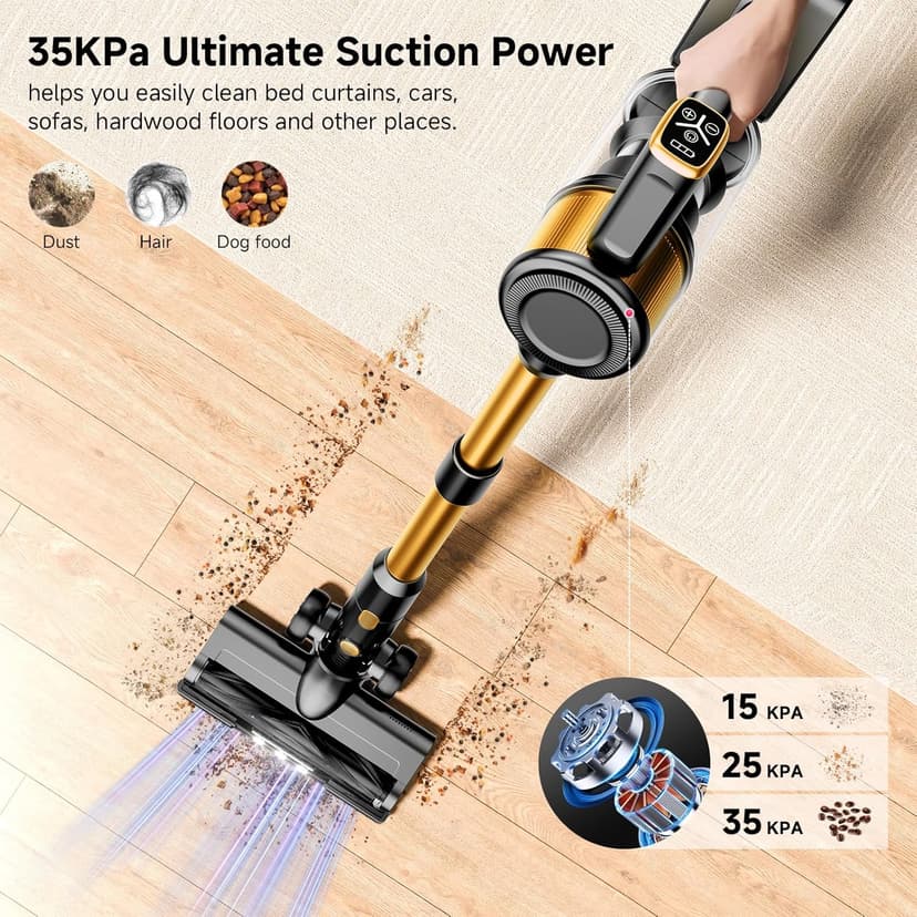 Cordless Vacuum Cleaner, 8 in 1 Powerful Stick Vacuum with 45min Runtime, Anti-Tangle Vacuum Cleaners for Home, Lightweight Handheld Wireless Vacuum for Hardwood Floor Carpet pet Hair, Gold