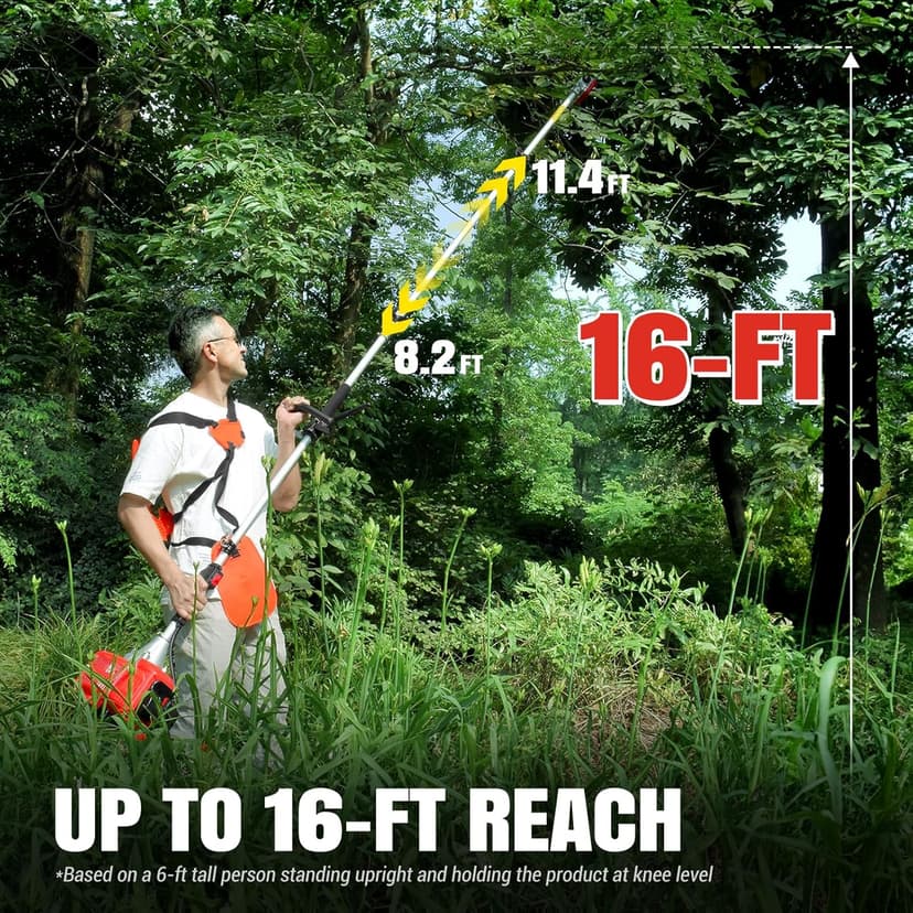 Gas Powered Pole Saw, 16-FT Height Reachable Cordless Extension Chainsaw for Tree Trimming with 3.6ft Extension Pole Reach to 16 feet for Tree Limb Branches Pruning, Classical Saw Head