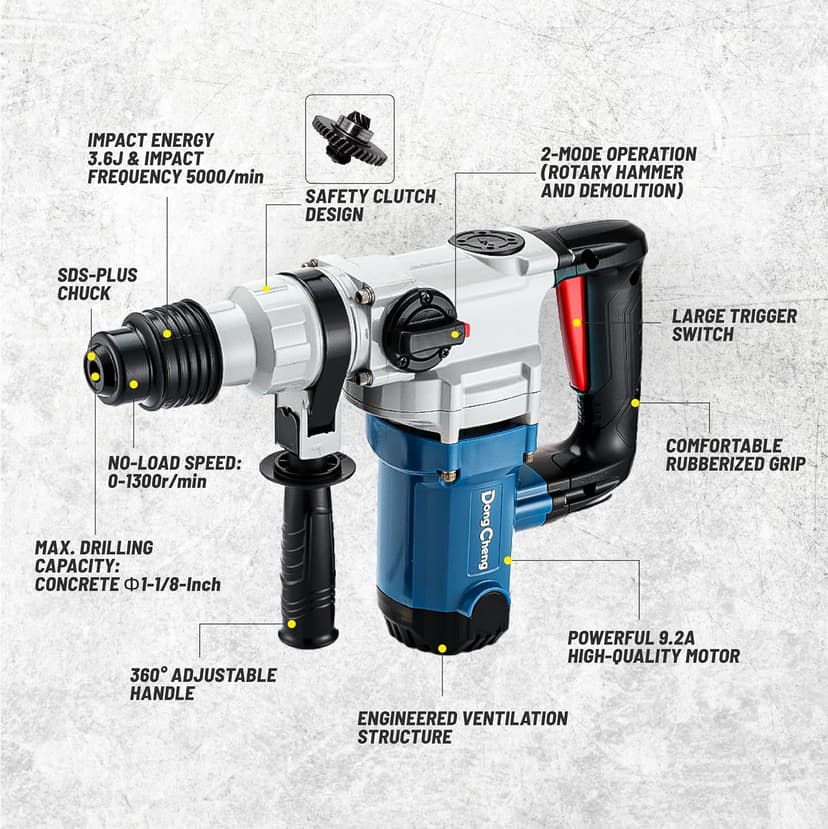 Dong Cheng 1-1/8 Inch SDS-Plus Rotary Hammer Drill with Safety Clutch, 9.2 Amp Heavy Duty Corded Demolition Hammer for Concrete, 3.6 Joules, Including 3 Drill Bits, Flat Chisels and Point Chisels