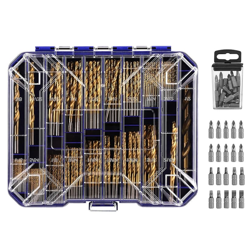 276pc Titanium Twist Drill Bit Set with S2 Bits 135° Tip High Speed Steel, Size from 1/16" up to 1/2", Ideal in Wood Cast Iron Aluminum Alloy Plastic Fiberglass, Clear Lid Case