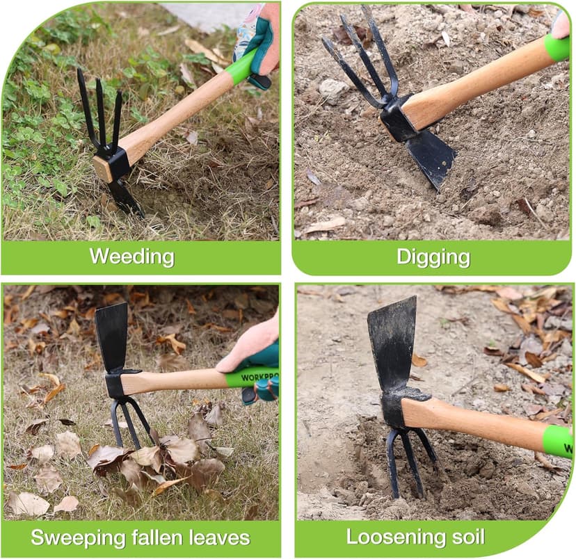 WORKPRO Hoe and Cultivator Garden Rake with 14" Wooden Handle, Sharp Hoe Blade & Sturdy 3 Claw Tiller, 2-in-1 Heavy Duty Gardening Hand Tools for Digging, Loosening Soil, Weeding, Cultivating