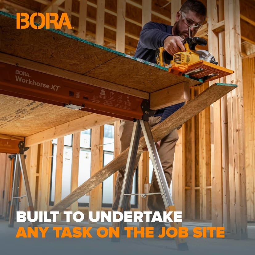 BORA Workhorse XT Saw Horses 2 Pack Folding Heavy Duty Adjustable Height Sawhorse Pair with Adjustable Legs, Heavy Duty Saw horse for Contractors Portable Workbench w/Built in Bottle opener PM-3360T