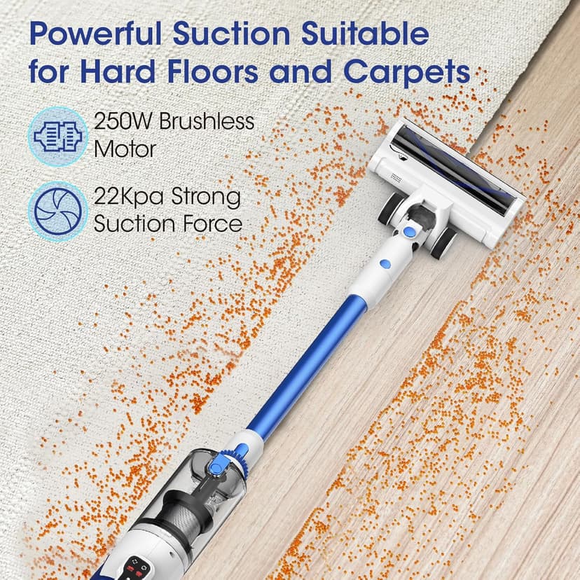 Cordless Vacuum Cleaner, Brushless Motor Powerful Suction Stick Vacuum, LED Display, with 2500 mAh Detachable Battery, 45 Mins Runtime Vacuum Cleaners for Home/Pet Hair/Hardwood/Carpets, Blue