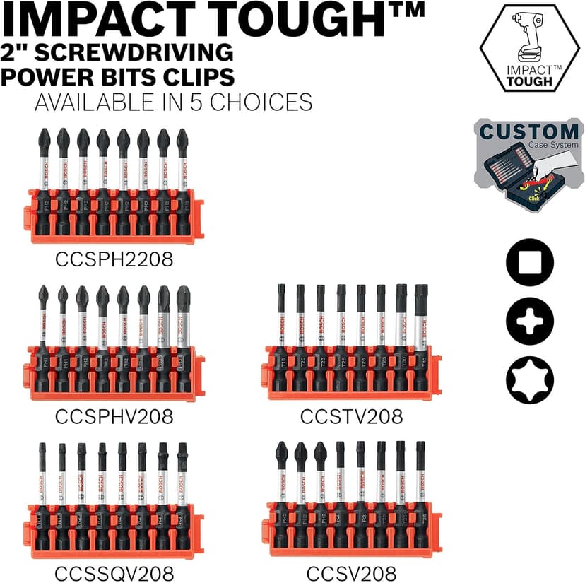 BOSCH CCSPHV208 8-Piece Assorted Set 2 In. Impact Tough Phillips Power Bits with Clip for Custom Case System