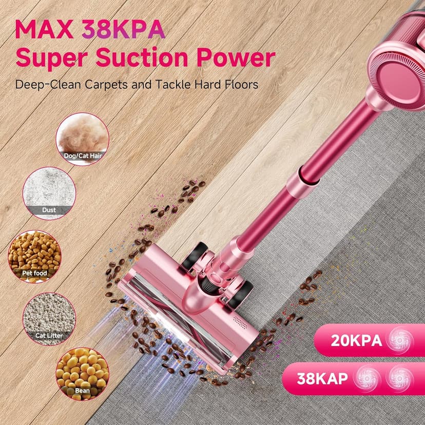 Cordless Vacuum Cleaner,55Mins/Powerful Vacuum Cleaners for Home,Stick Vacuums with 8 in 1,Touch Screen,LED Headlights, Anti-Tangle,Rechargeable,Lightweight for Carpet,Hard Floor, Pet Hair,Pink