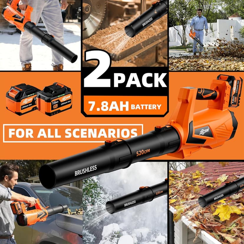 17000 RPM Cordless Leaf Blower with DECERK 7.8AH Battery - 530CFM Brushless Motor for Lawn Care, 5-Speed Turbo Electric Blower for Dust, Wet-Leaves, Car, Gutters, Lightweight Powerful Garden Tool
