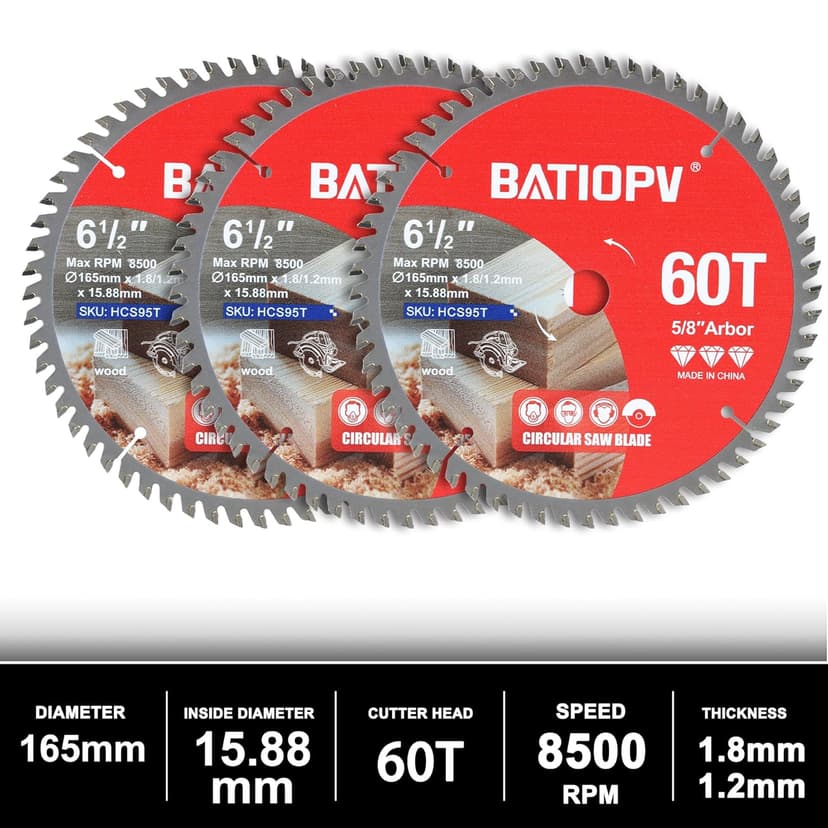 Circular Saw Blades 6-1/2 Inch 3-Pack, 60T for Wood Cutting – Ideal for Hardwood, Plywood, Chipboard – Precision Carbide-Tipped Saw Blades for Smooth Finish
