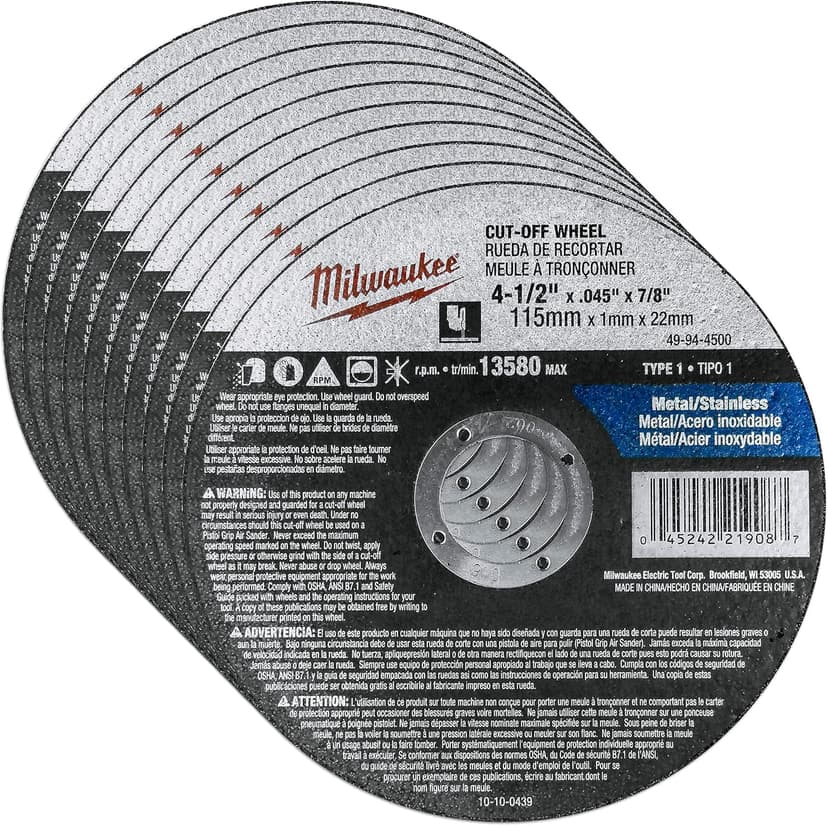 Milwaukee 10 Pack - 4 1 2 Cutting Wheels For Grinders - Aggressive Cutting For Metal & Stainless Steel - 4-1/2" x .045 x 7/8-Inch | Flat Cut Off Wheels