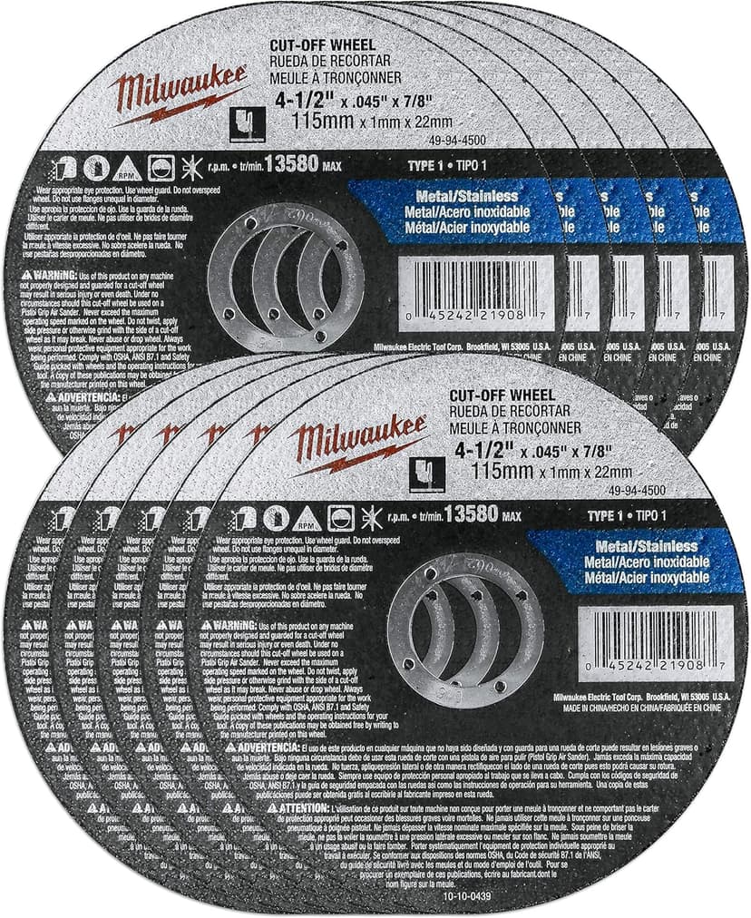 Milwaukee 10 Pack - 4 1 2 Cutting Wheels For Grinders - Aggressive Cutting For Metal & Stainless Steel - 4-1/2" x .045 x 7/8-Inch | Flat Cut Off Wheels