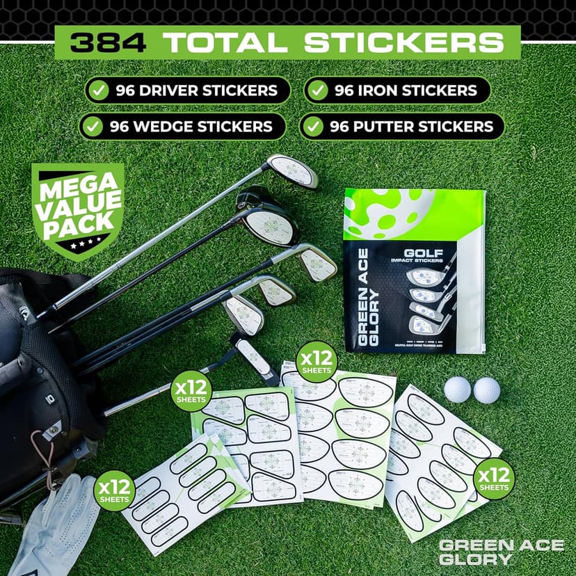 Golf Impact Tape - 384 or 160 Pack Impact Tape for Golf Clubs | Golf Tape for Clubs with Golf Impact Stickers and Golf Club Stickers for Drivers, Woods, Irons, Putters | No Residue, Easy Peel