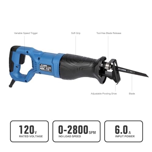 Reciprocating Saw, 6Amp 2800RPM Variable Speed Reciprocating Saw with 4/5"(20mm) Stroke Length, 3Pcs Blades for Wood, Soft Metal, PVC Pipe Cutting