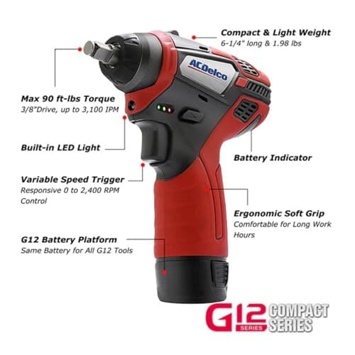 ACDelco 3/8 Power Impact Wrench 90ft-lbs, 3100 RPM, LED Light Cordless Li-ion 12V Max Compact Tool, Kit, Charger, G12 Series ARI12104