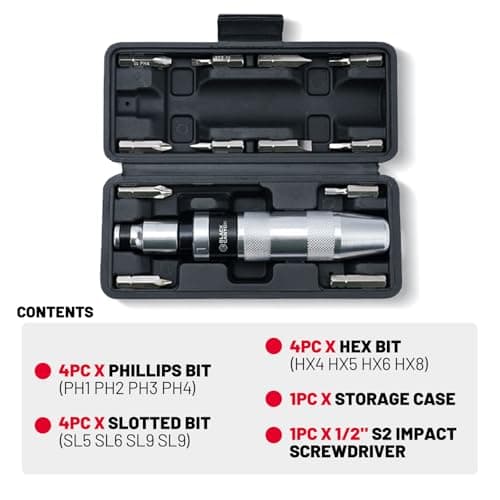 BLACK CANYON 1/2" S2 Hand Impact Screwdriver, 12-Pieces Tip Styles Slotted, Phillips, Hex, Manual Reversible Impact Driver, Disengage Rusted Fasteners or Frozen Bolts, Ideal Hand Tool for Men, Dad