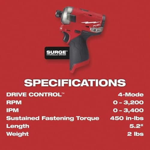 2551-20 for Milwaukee M12 FUEL 1/4" Hex Hydraulic Driver Length 5.2 in Height 6.8 in Width 2.2 in