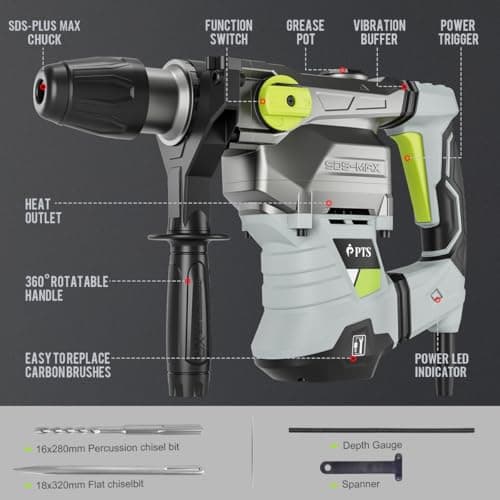 PTS 1-9/16 Inch SDS-Max Rotary Hammer, 13.5 Amp Heavy Duty 3 Functions Corded Concrete Demolition Hammer, w/Vibration Control & Safety Clutch, Includes Drill Bits, Chisels, Carrying Case (Green)