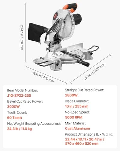 VEVOR Compound Miter Saw, 10-Inch Blade, 15 Amp Motor, 60-Tooth, Corded Single Bevel 0-45°, LED Precision Alignment, Angle Adjustable, Lightweight Cast Aluminum Base, for Wood, Composite Decking