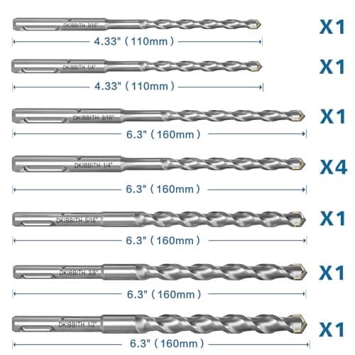 10-Piece SDS Plus Drill Bits Rotary Hammer Drill Bit Set, Carbide Tipped for Drilling Concrete Cement Porcelain Tiles Ceramic Pots Stone Brick, Dia 3/16" 1/4" 5/16" 3/8" 1/2"