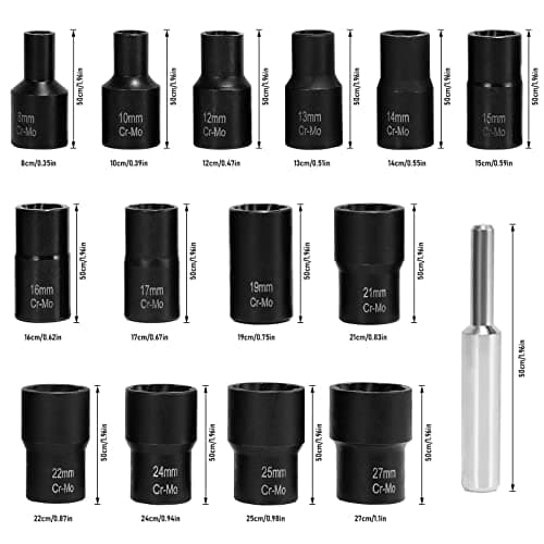 XEWEA 1/2" Drive 15PCS Lug Nut Remover and 6PCS Flip Impact Socket Set, Wheel Lock Removal Kit, Thin Wall Nut Sockets Easy Out Extractor Set for Damaged, Frozen, Rusted, Rounded-Off Bolts