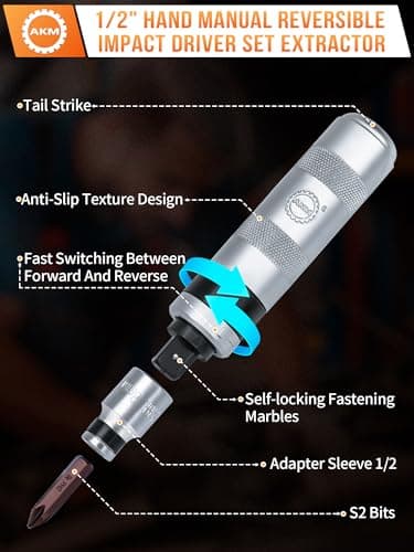 AKM 1/2" Hand Manual Reversible Impact Driver Set Extractor-12 PCS Impact Screwdriver S2 Steel Much More Durable Disengage Rusted Fasteners or Frozen Bolts