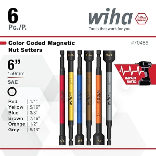Wiha 70486 Color Coded Magnetic Nut Setter SAE 6 Pc. Set