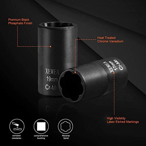 XEWEA 1/2" Drive 15PCS Lug Nut Remover and 6PCS Flip Impact Socket Set, Wheel Lock Removal Kit, Thin Wall Nut Sockets Easy Out Extractor Set for Damaged, Frozen, Rusted, Rounded-Off Bolts